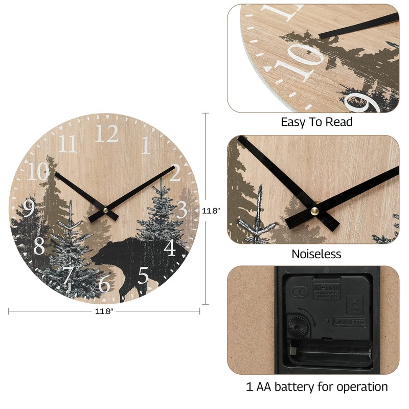 SwallowLiving Cabin Bear Wall Clock 12 Inch Silent Non Ticking