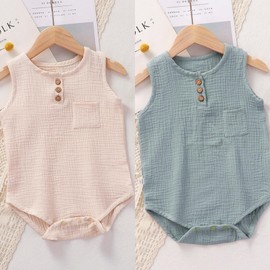Yanmucy Baby Girls Cotton Rompers Newborn Soft Sleeveless Bodysuit Summer Baby Boy Jumpsuit Overall Outfits 0-18 Months （Pack of 2 (beige+cyan, 6-9 Months)