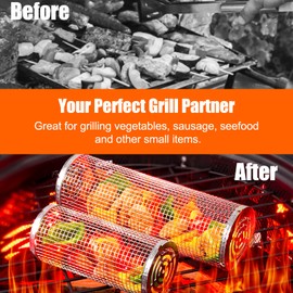 Toprise Rolling Grilling Baskets for Outdoor Grill, BBQ Rolling Basket 2 Pcs, Stainless Portables Steel Grill Basket Cylinder with Hooks,Forks,Spray Bottle,Brush for Fish,Shrimp,Meat,Vegetables,Fries