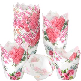 Funtery 200 Pieces Pink Flower Tulip Cupcake Wrappers Liners Tulip for Baking Flower Cupcake Liners Mini Cupcake Baking Rustic Birthday Party Decoration for Bridal Shower Wedding Festival Party