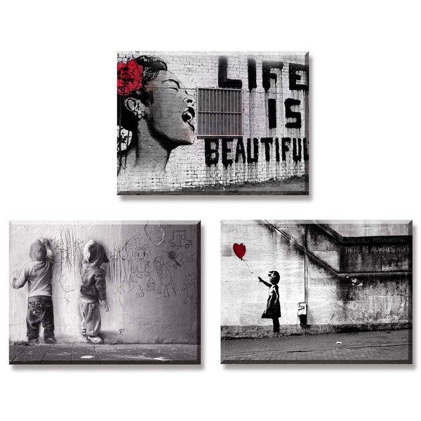 Piy Painting 3X Impression sur toile de La vie est Belle Fille avec Ballon Rouge Graffiti Garçons sur la Rue, Prêt Suspendu Peinture pour Art Déco Murale Salle de bain Cadeau Anniversaire 30x40cm