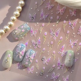 5D Embossed Purple Butterfly Nail Art Stickers with Silver Glitter Rhinestones Nail Decals Design Flower Nails Supply Spring Summer Nail Design Stickers Cute Nail Art Supplies for Women Manicure