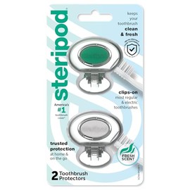 Steripod Protector de cepillo de dientes con clip, azul transparente y verde transparente, 2 unidades