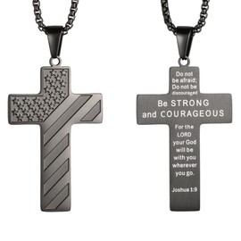 AKarrLili Stainless Steel US Flag Cross Necklace Bible Verse Bible Classics Cross Pendant Necklace for Men Joshua1:9