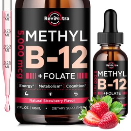 Vitamin B12 liquid Drops, B12 vitamins 5000 mcg, Vitamin B Complex Supplement with Methylcobalamin B12 Sublingual, Vitamin B6, Folate for Energy, Brain, Heart Health, Vegan Strawberry Flavor 2 Fl Oz