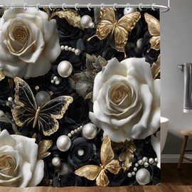 Black and Gold Luxury Aesthetic Shower Curtain, Modern Abstract Goth Dark Shower Curtains Set, White Rose Floral Butterfly Pearl Shower Curtains for Bathroom Polyester Fabric with Hooks 72X72IN