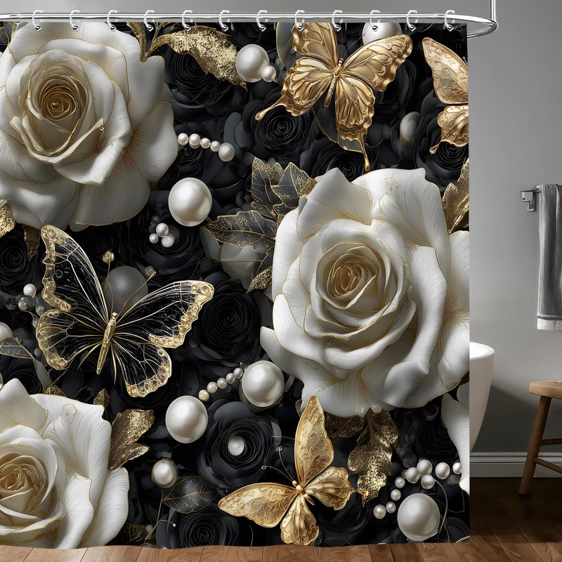 Black and Gold Luxury Aesthetic Shower Curtain, Modern Abstract Goth