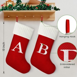 Senneny Christmas Stockings with Initials, 20” Large Embroidered Monogram Knitted Stockings for Family, Kids, Xmas Holiday Party Gifts & Decoration for Fireplace, Burgundy, Letter D