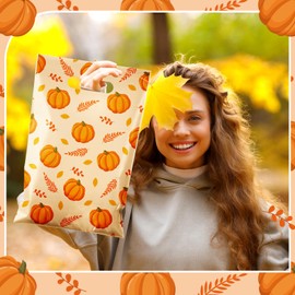 TaoBary 48 Pcs Plastic Fall Gift Bags Bulk 11.8" x 7.9" Autumn Candy Goodie Treat Bags with Maple Leaves Patterns for Fall Autumn Party Favor Supplies Decoration (Pumpkin)
