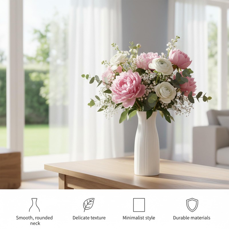 Unbreakable Vase for Flowers, Ceramic-Look Plastic Decorative Vase, Minimalist Style