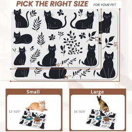 Cute Black Flower Dog Cat Food Mat,Absorbent Pet Feeding Mat with Rubber Backing,Non-Slip Water Bowl Placemat,Indoor Pet Accessories Supplies 12"x20"