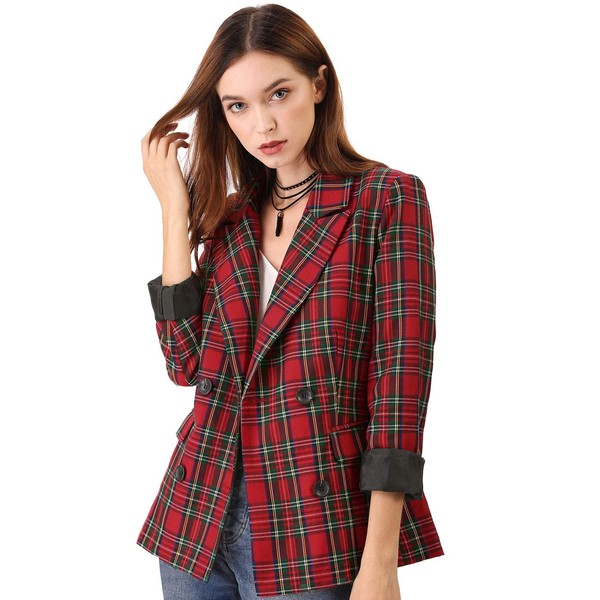 Allegra K Women's Notched Lapel Double Breasted Plaid Work Formal Blazer Jacket X-Large Red Green