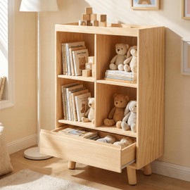 YOSHOOT 4 Cube Bookshelf with 1 Drawer - 21.7" Wood Cube Bookcase with Legs, Open Cubby Bookshelves for Bedroom, Living Room,Home Office, Nature