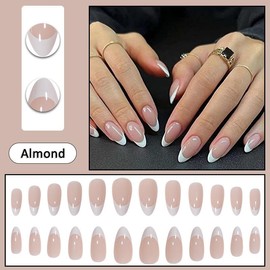 BAOYAALIN Press on Nails Almond Shaped Medium French Tips White Fake Nails Full Cover False Acrylic Glue Stick on Nail for Women Girls 24Pcs