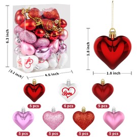 Labeol Valentine's Day Decor Heart Ornaments 36 Pcs Heart Shaped Baubles Red Pink White Heart Hanging Decorations for Valentine's Day Christmas Wedding Anniversary