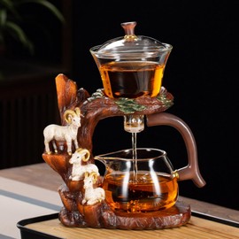 Fire Kirin Glass Teapot Set with Infuser Semi Automatic Tea Set Lazy Kungfu Attraction Drip Rotating Magic Teapot Set (Goat, Teapot)