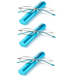 Newbee Fashion - "Pocket" Readers Ultra Compact Spring Temple Reading Glasses w/Portable Pocket Clip Aluminum Case Soft Blue +2.00
