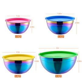 Onlycooker Rainbow Mixing Bowls With Airtight Lids,Stainless Steel Bowl,Salad Bowls 4 Piece Colorful Nesting Bowl Rainbow Kitchen Accessories,Size 5.5,3.6,2.1,1.5 QT Stackable Design