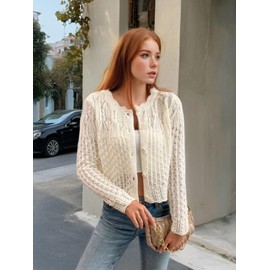 GORGLITTER Women's Button Up Crochet Lightweight Long Sleeve Cardigan Sweaters Hollow Out Knit Tops Beige Medium