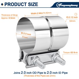 2.25 Inch Exhaust Clamp, 2 1/4'' Lap Joint Band Clamp 304 Stainless Steel for Pipes,Mufflers,Catalytic Converters - 2 Pack