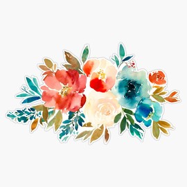 Red Turquoise Watercolor Floral Bouquet Vinyl Sticker Waterproof Bumper Sticker Laptop Window Decal 5"
