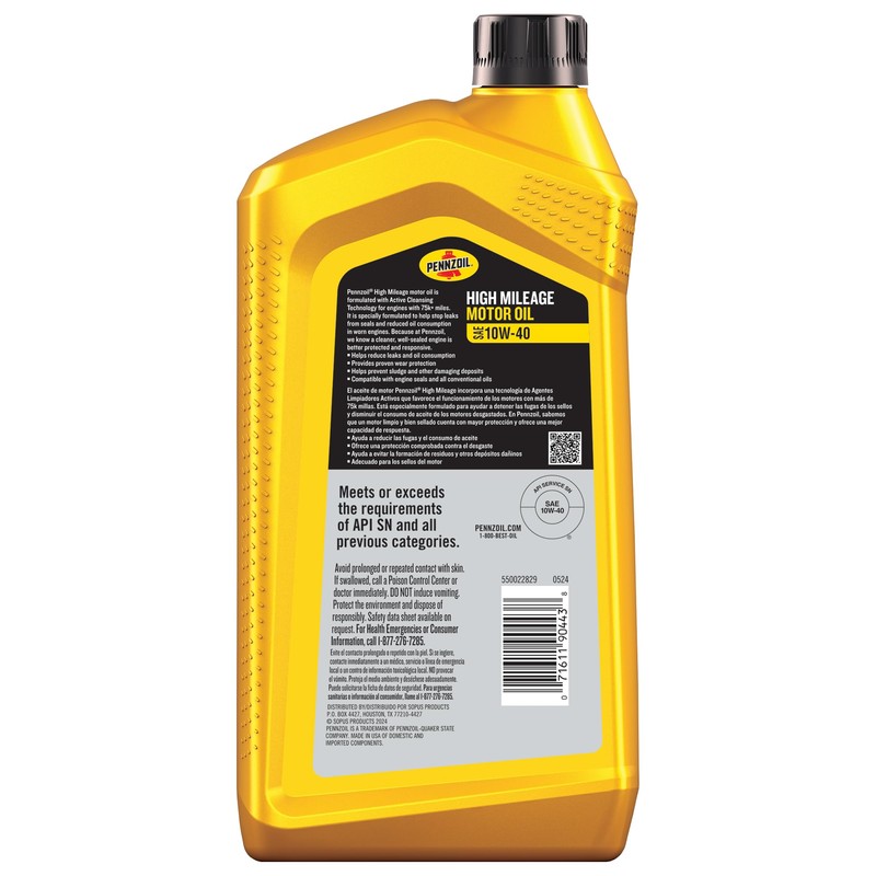Pennzoil High Mileage 10W-40 Motor Oil, 1 Quart (6 Pack)