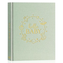 Lanpn Hello Baby Memory Book for Boy Girl - Linen Hardcover Baby Journal Book Keepsake for New Parents - Newborn Baby First 5 Year Scrapbook Photo Album Baby Milestone Book (Sage Green, 154 Pages)