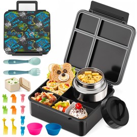 JSLOVE Bento Lunch Box with Leak Proof Thermos Food Jar for Kids, Food Lunch Containers for Boys with 4 Compartments, BPA-Free with Utensils, Food Picks, Sauce Jar & Silicone Lunch Box Dividers