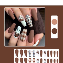 ONPRESS 24Pcs Fall Press on Nails Medium Square Fake Nails with Coffee Hazelnut Design False Nails Autumn Lattice Brown White Glue on Nails Matte Full Cover Acrylic Nail Coffin Stick on Nail for Women