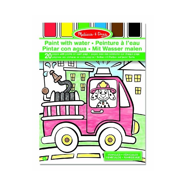 Melissa & Doug Paint With Water - Vehicles, 20 Perforated Pages With Spillproof Palettes