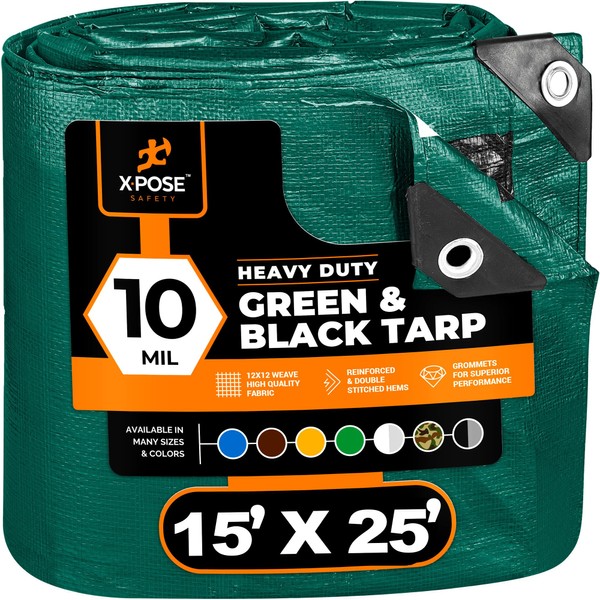 Heavy Duty Poly Tarp 15 Feet x 25 Feet 10 Mil Thick Waterproof, UV Blocking Protective Cover - Reversible Green and Black - Laminated Coating - Grommets - by Xpose Safety