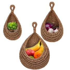 Boho Hanging Fruit Baskets Wall Hanging Baskets Woven Storage Basket Teardrop Design Cotton Rope Wall Hanging Bins Planter Pot Potato Garlic Onion Fruit Storage Hanger Organizer Set of 3