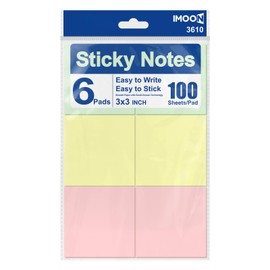 Sticky Notes 3x3 Inch, 6 Pads (100 Sheets Each) – Premium Smooth Adhesive Notes in Pastel Colors – Easy to Stick, Remove & Reposition – Ideal for Office, School, and Home Use (3610)