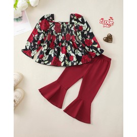 Toddler Girl Clothes 2t 3t Girl Clothes Fall Winter Kids Floral Long Sleeve Smocked T Shirts Red Stretch Pants Little Girl Outfit Cute Kids Clothing