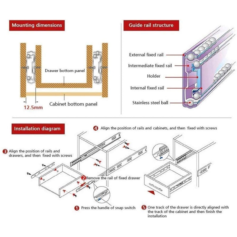 TOOPONE Drawer Slides, 6 Inch Full Extension 3 Section Ball