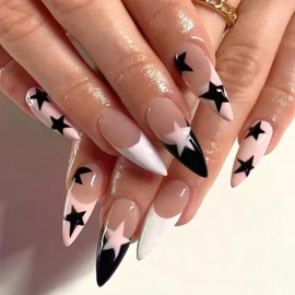 ROFIBUT Black White French Tip Press on nails Medium Almond Fake Nails Pink Black Stars Glue on Nails Glossy Y2K Nude Stiletto Nails Gel False Nails with Rhinestones Designs for Women Manicure 24Pcs