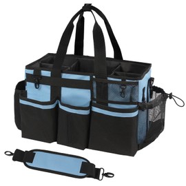 SCAVATA Wearable Cleaning Caddy, Cleaning Caddy Supplies Organizer with Handle & Shoulder Straps for Housekeepers, Under Sink & Car Cleaning Tool Organizers Bag with 4 Foldable Divider (Blue)