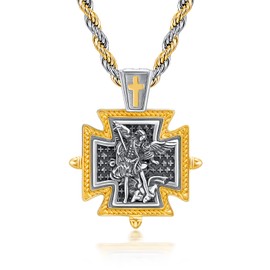YueYuan Saint Michael Necklace for Men 925 Sterling Silver Archangel Michael Cross Pendant St Michael Protect Us Religious Jewelry Gifts for Christian Graduation Father's Day, 22"+2" Adjustable Chain