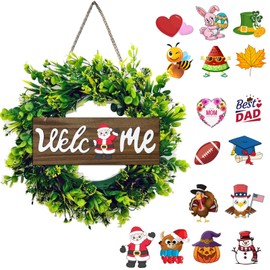 Interchangeable Green Welcome Wreath Sign, 17" Front Door Holiday Decor