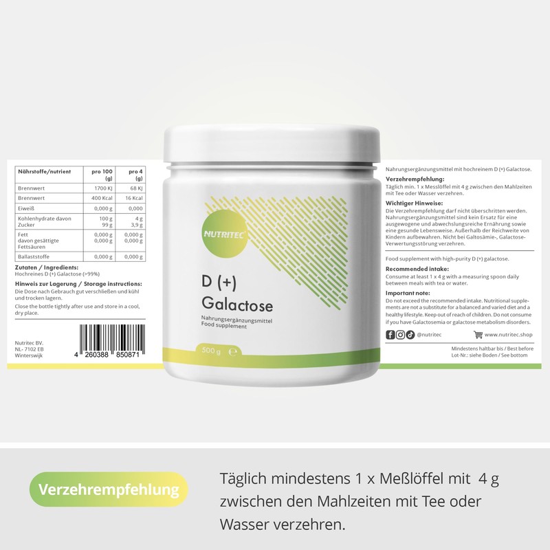 Nutritec D+ Galactose Powder High Purity 500 g, Dietary Supplement