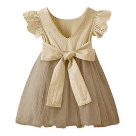 LYXIOF Toddler Baby Girl Tutu Tulle Dress Cotton Linen Ruffle Back Bowknot Princess Party Dresses Light Coffee 80CM