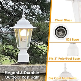 GRUENLICH Outdoor Post Lighting Fixture Pole Lantern, E26 Medium Base Max 60W, Aluminum Housing Plus Glass, Bulb Not Included, White Finish, 2 Pack