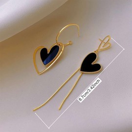 ANDPAI 14K Gold Plated Asymmetry Long Tassel Black White Love Heart Dangle Drop Earrings for Women Fashion Elegant Hoop Earrings Jewelry (Black)
