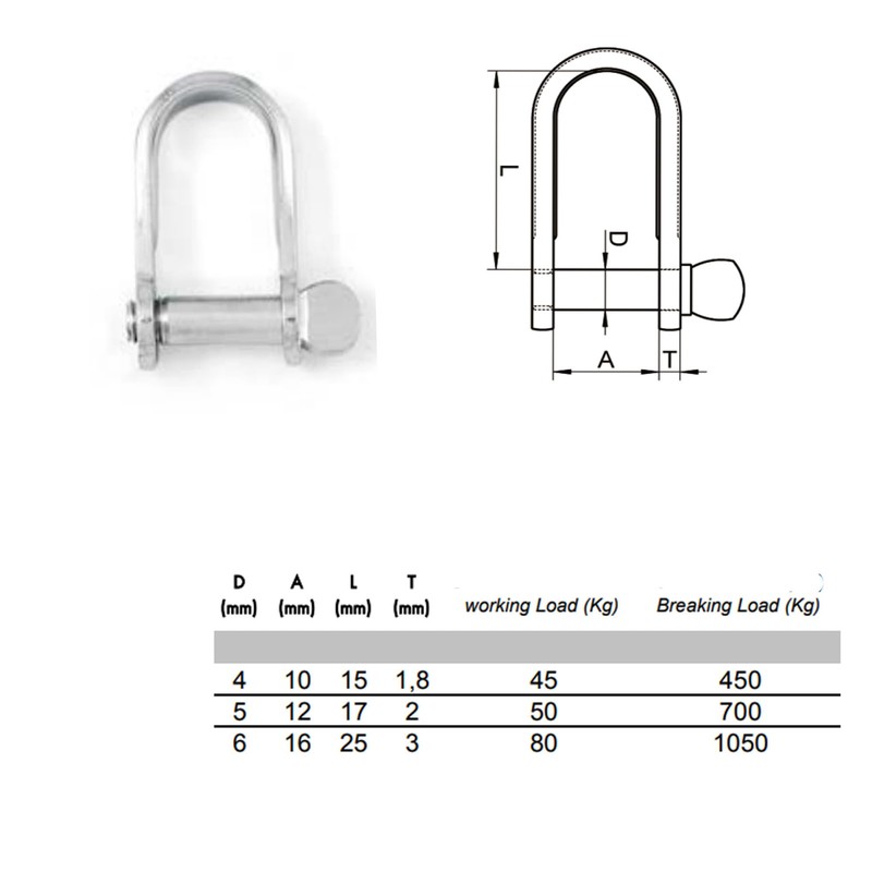 6mm Flat Shackles Stainless Steel A4-Marine Grade (316) - for