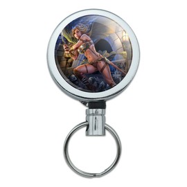 Warrior Maiden Zombie Undead Slayer Fantasy Heavy Duty Metal Retractable Reel ID Badge Key Card Tag Holder with Belt Clip
