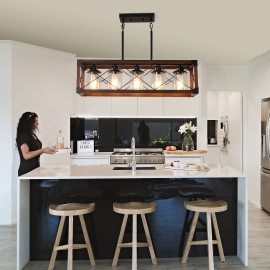 Ship From USA,32" Red Wood Industrial Farmhouse Rectangle Pendant Light, 5-Light Chandelier with Lampshade(No Bulbs)Design Style: Modern, Lamp Power(W): 15, Product Size: 80*26*85cm
