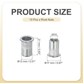 PATIKIL M10 Rivet Nuts, 10 Pcs 304 Stainless Steel Knurled Flat Head Threaded Insert Nuts Metric Rivet Nut Assortment Kit for Automotive Furniture