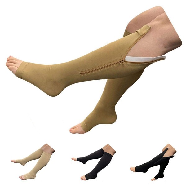 HealthyNees Big Tall Open Toe 20-30 mmHg Compression Plus Wide Calf Leg Socks (Beige with Zipper, 5X-Large)