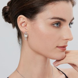 Jiahanzb 925 Sterling Silver Pearl Dangle Earrings for Women Cubic Zirconia Diamond Water Drop Pearl Earrings Pearl Jewellery for Ladies, White/Light Grey/Dark Grey Pearl 8 mm, Sterling Silver, Cubic