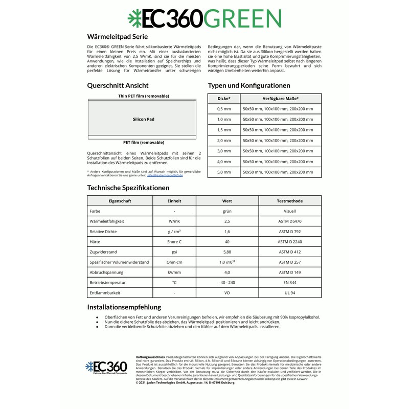 EC360® Green 2.5W/mK Thermal Pad 200 x 200 x 3.0